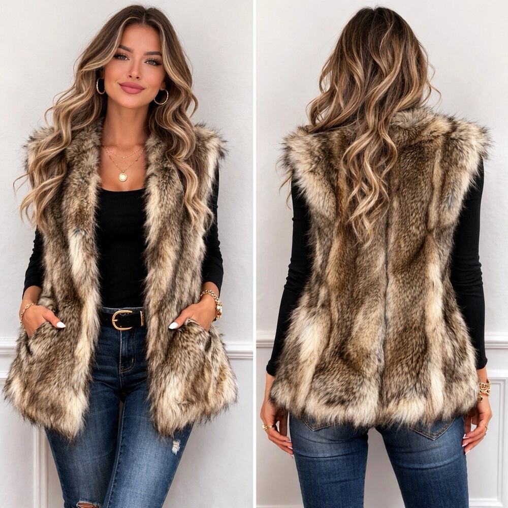 Du Monde Faux Fur Vest Size Small Brown Tan Open Front Leopard Lined – Pockets